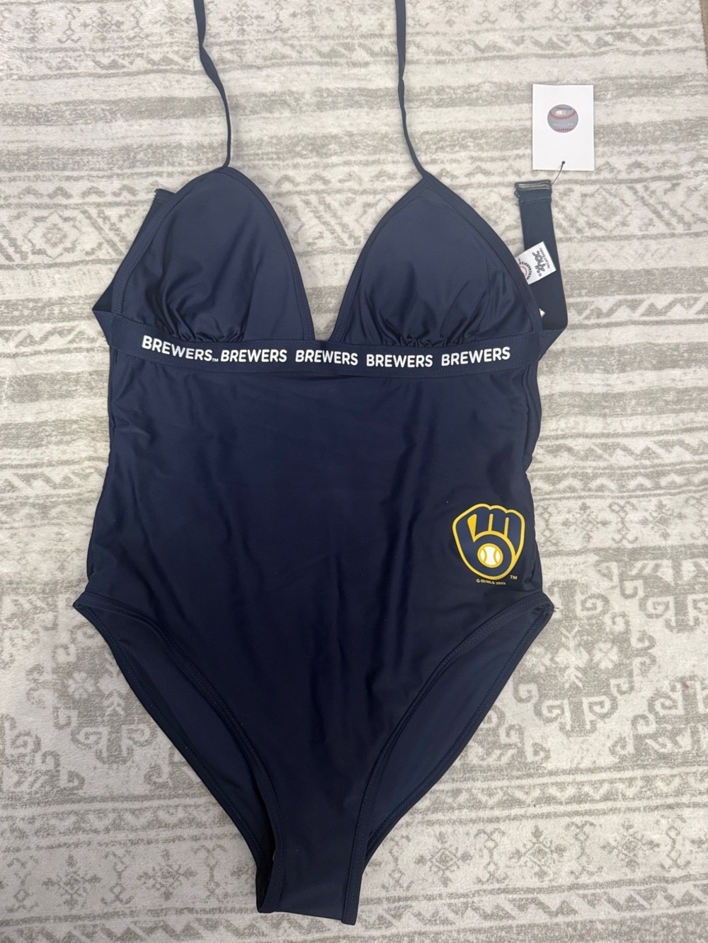 Navy One-Piece Swim Suit with MLB Milwaukee Brewers logo